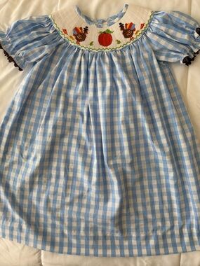 Children's Light Blue Gingham Smocked Dress with Autumn Embroidery